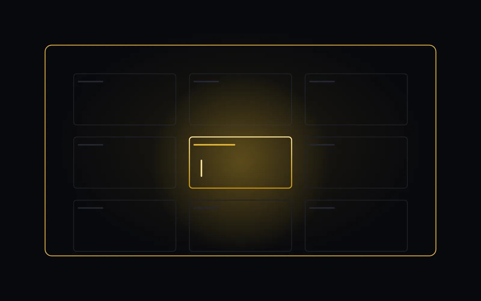Nine window outlines inside a single gold boundary, one of them lit gold with a caret in it, showing the tool knowing which window has focus while that knowledge stays inside the frame
