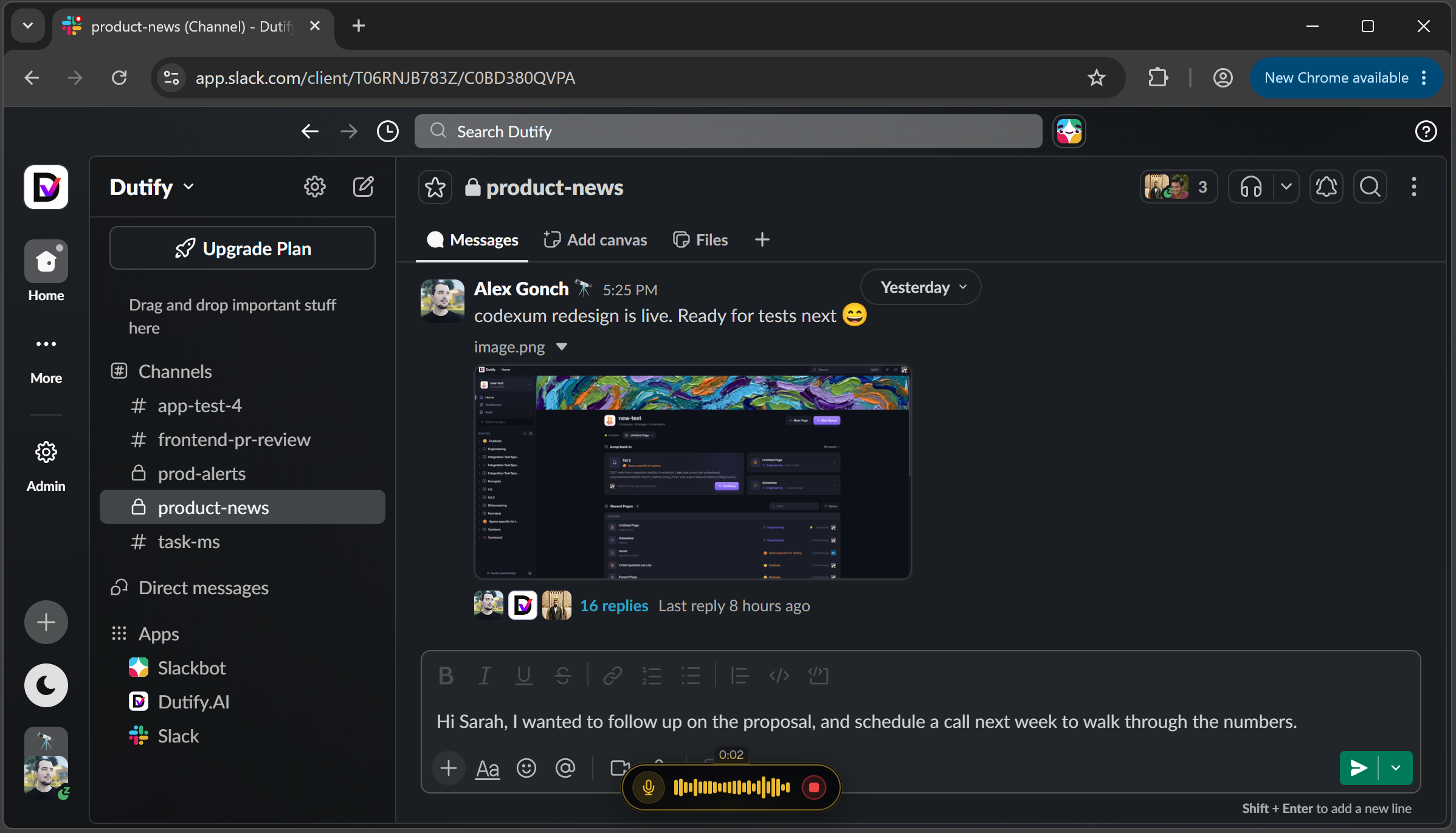 Voxor floating bar in Slack