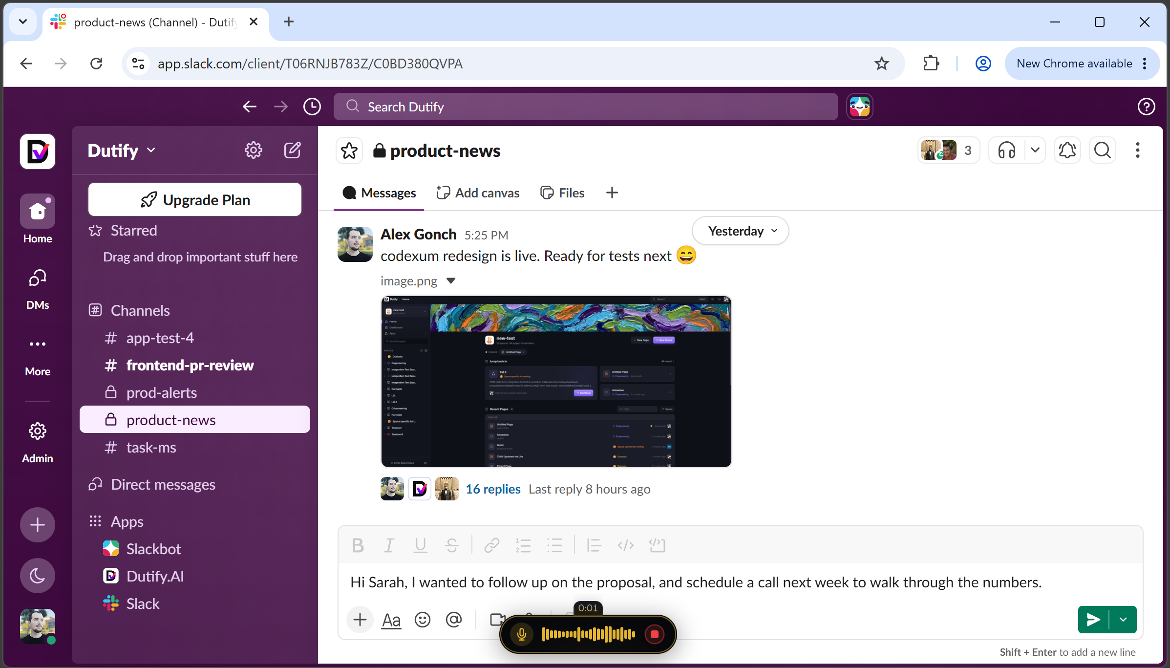 Voxor floating bar in Slack