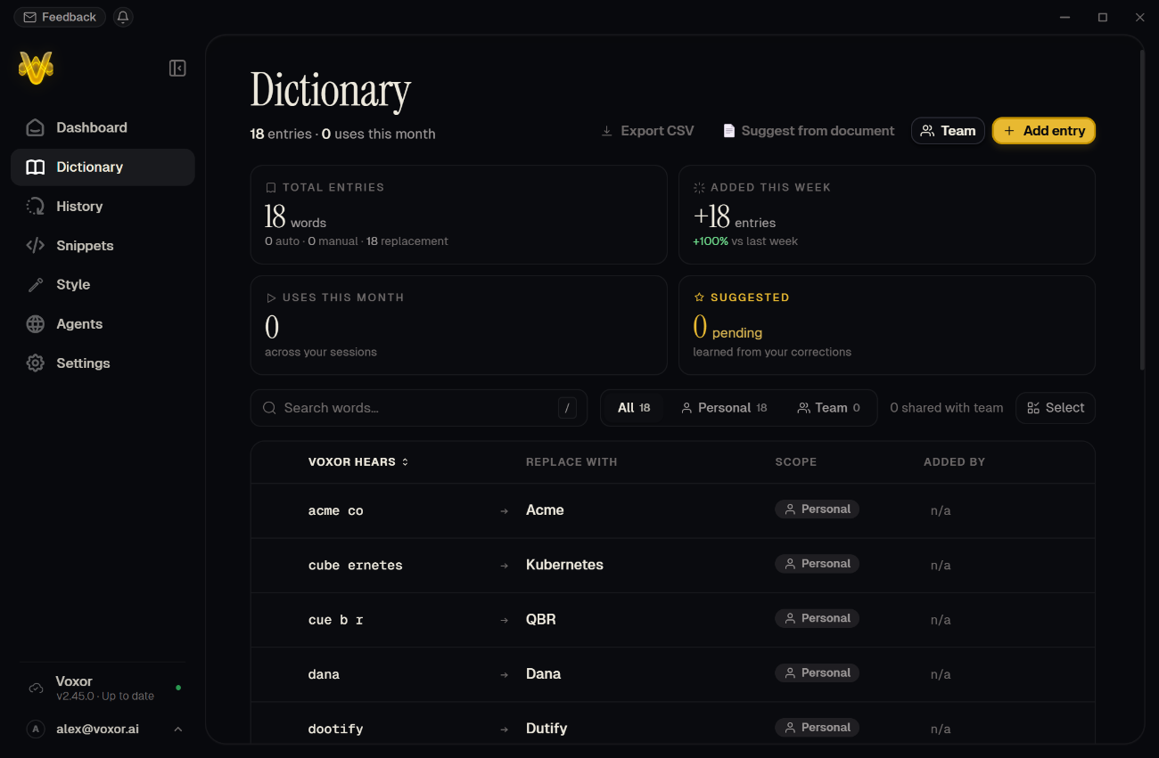 Voxor dictionary: what Voxor hears mapped to the correct spelling, shared across the team
