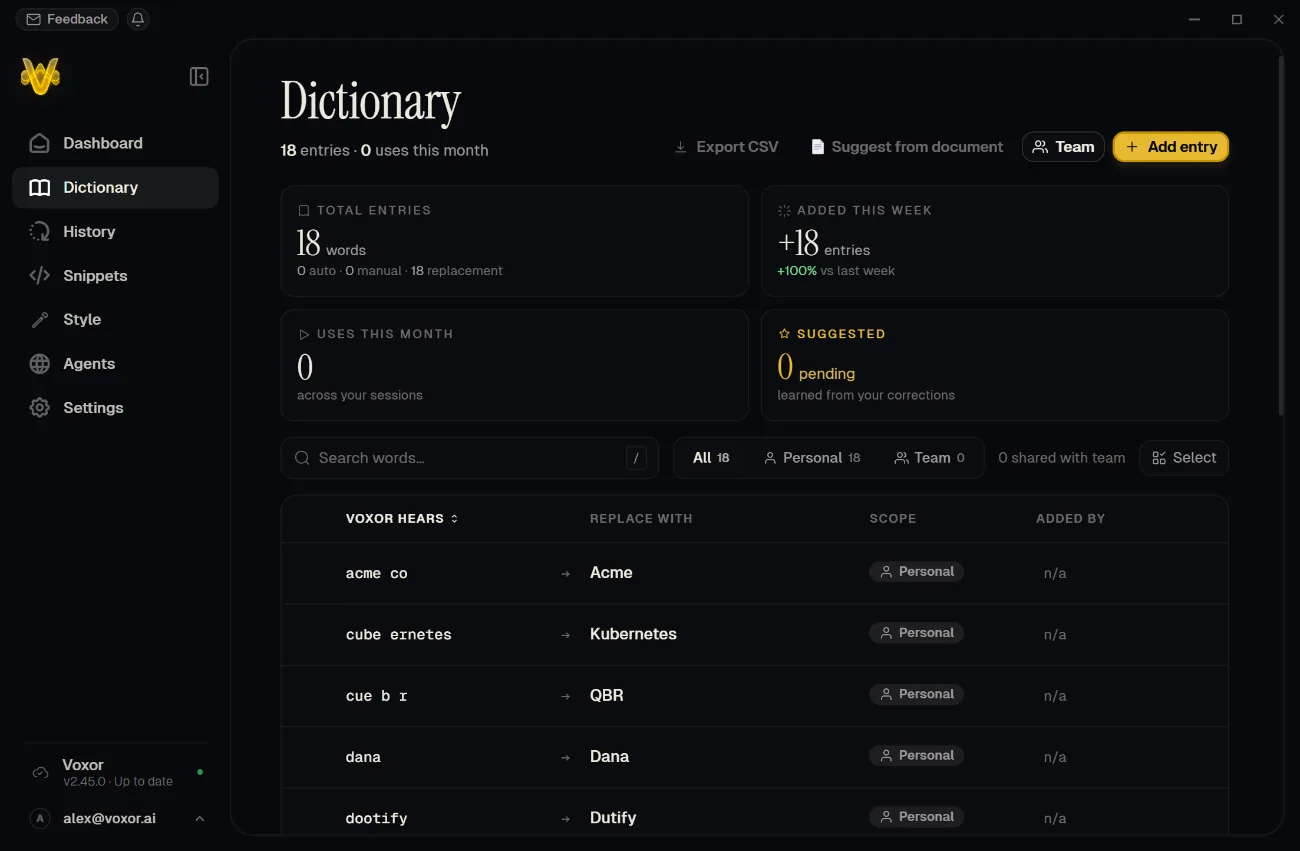 Voxor dictionary with custom spellings and controls for sharing vocabulary with your team