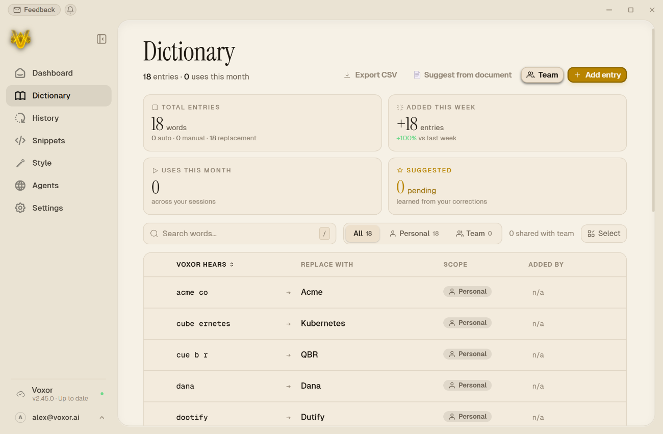 Voxor dictionary: what Voxor hears mapped to the correct spelling, shared across the team