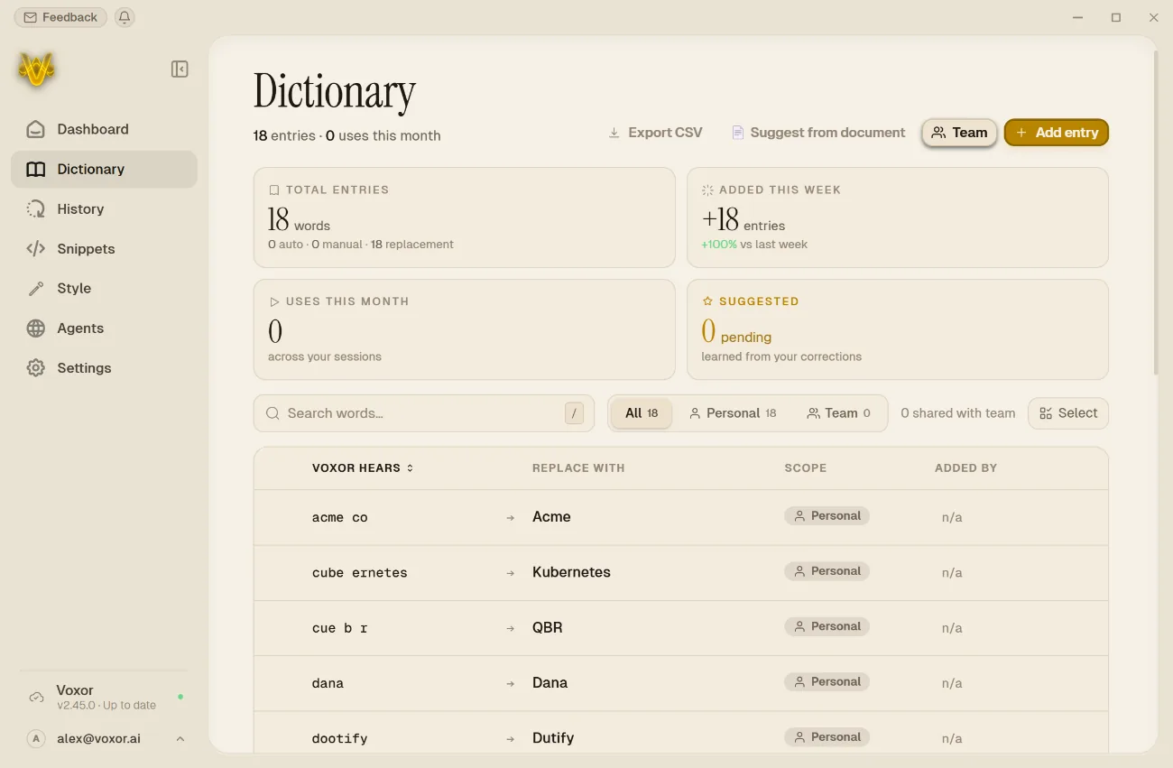 Voxor dictionary with custom spellings and controls for sharing vocabulary with your team