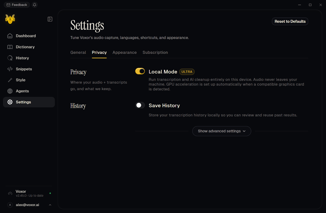 Voxor Settings: Local Mode runs transcription and AI cleanup entirely on your device
