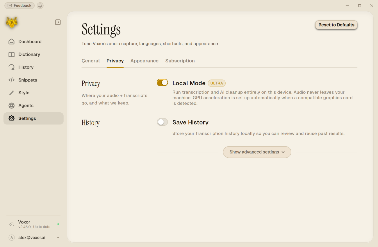 Voxor Settings: Local Mode runs transcription and AI cleanup entirely on your device