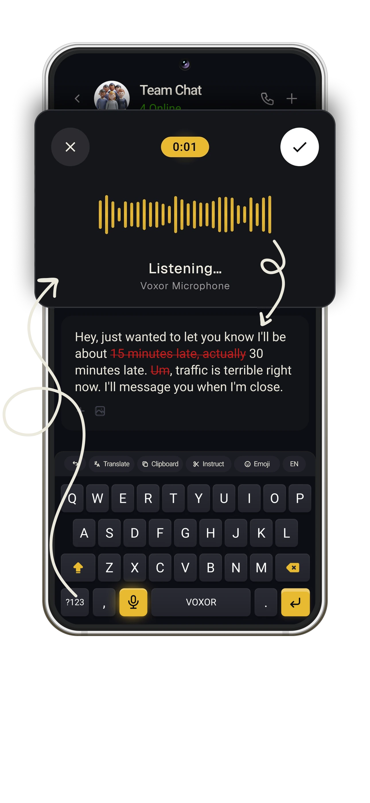 Voxor on mobile: tap the keyboard microphone, speak, and turn your words into a written message.