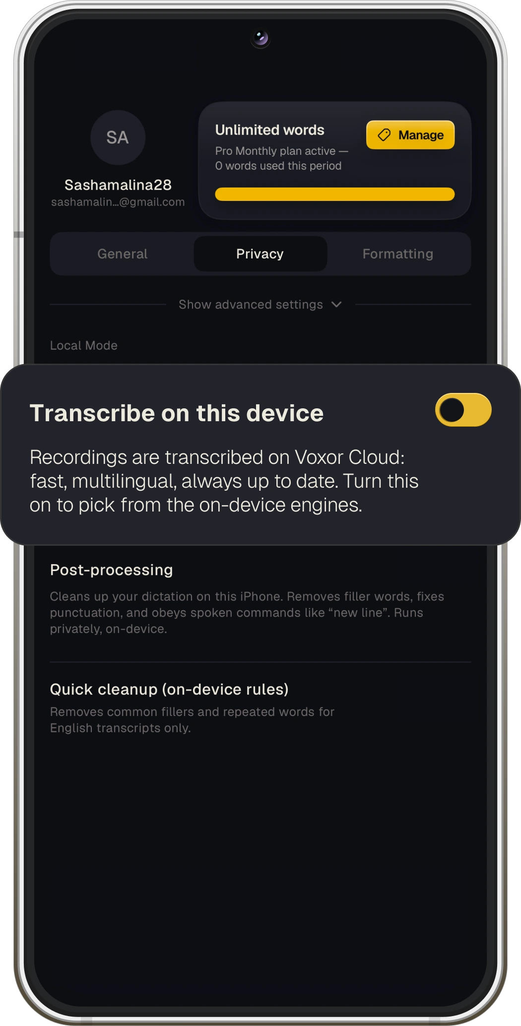 Voxor mobile privacy settings with the Transcribe on this device option highlighted.