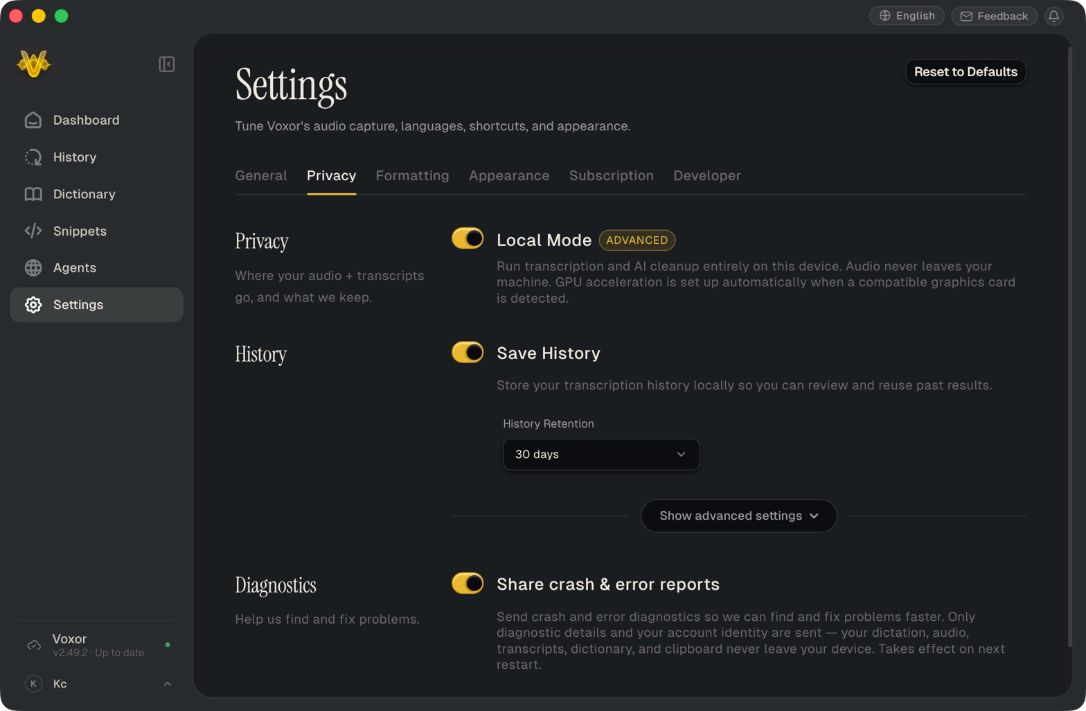 Voxor privacy settings on Mac showing the Local mode toggle, which keeps voice and transcription on the device